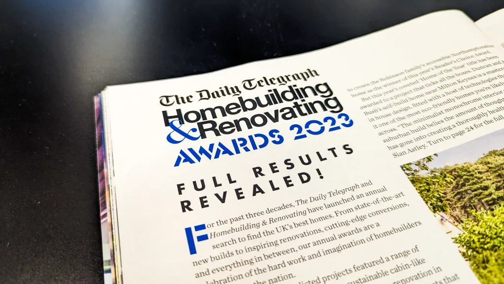 A shot of the title design of Homebuilding & Renovating Magazine. The title says, "The Daily Telegraph Homebuilding & Renovating Awards 2023 - Full Results Revealed!"