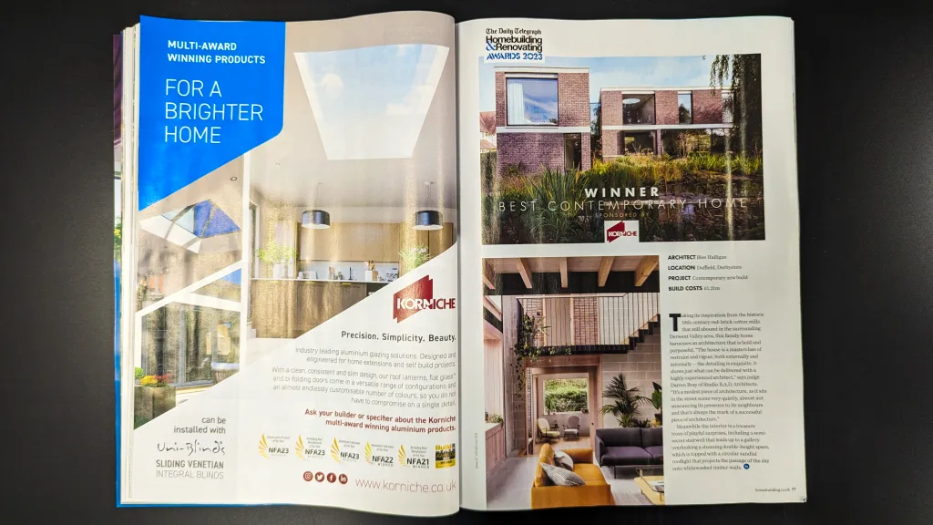 A 2 page spread including a Korniche advert and an article for the Homebuilding & Renovating Awards 2023, the article is titled, "Winner, Best Contemporary Home, sponsored by Korniche"