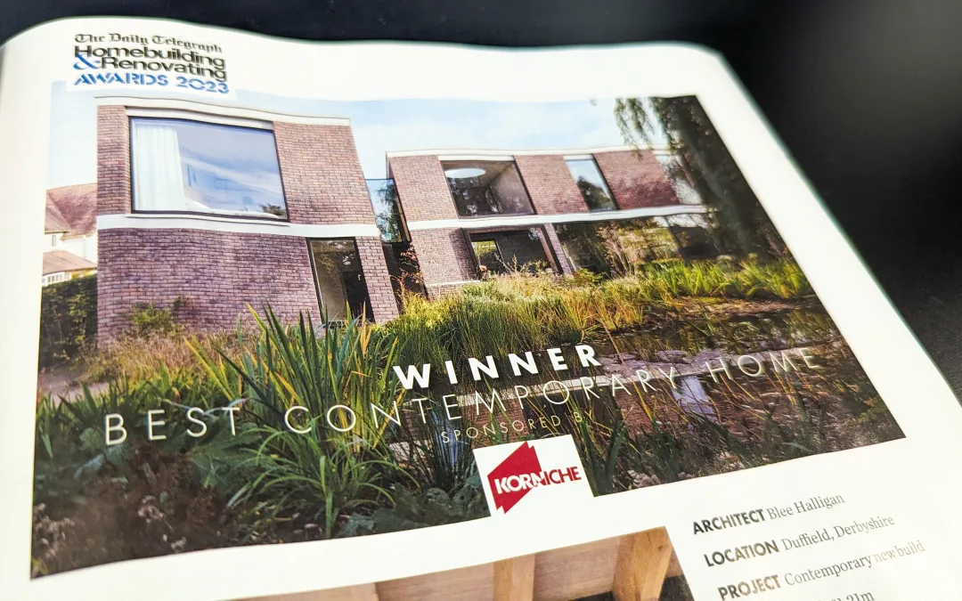 A close up shot of the title, Winner - Best Contemporary Home, Sponsored By Korniche in The Daily Telegraph Homebuilding & Renovating Awards 2023