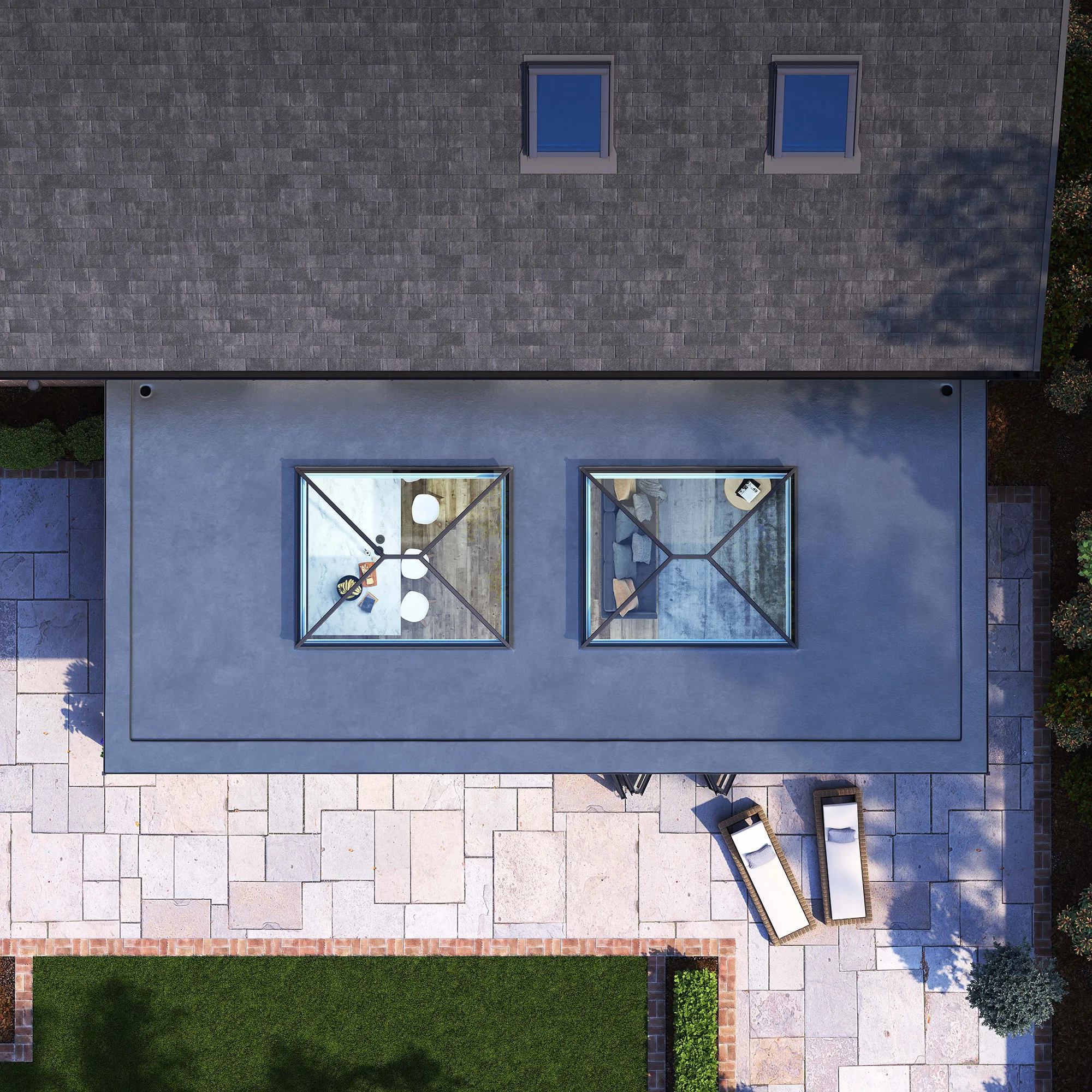 Aerial view of two Korniche Roof Lanterns installed on a flat roof extension, providing a top-down perspective of their placement.