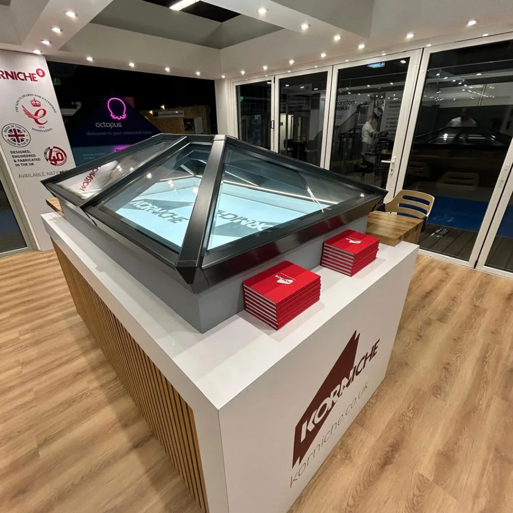 A detailed view of the new Korniche Roof Lantern, emphasizing its elegant, slimmer aluminium rafters and large glass panes.