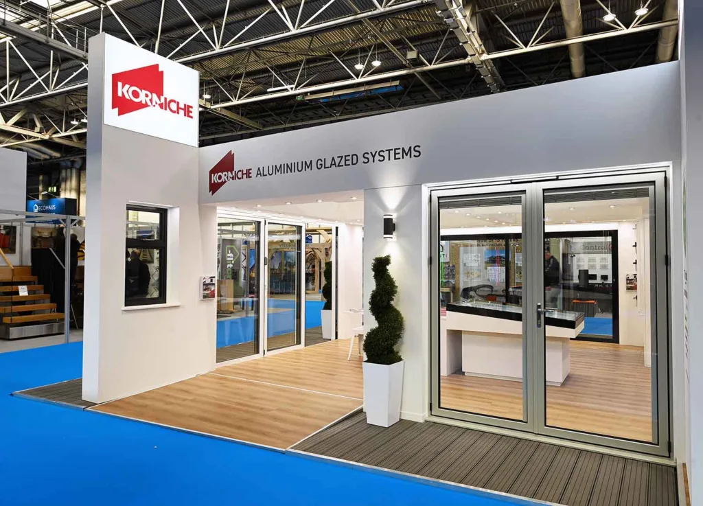 Korniche exhibition stand at London Homebuilding and Renovating Show with aluminium glazing products on display