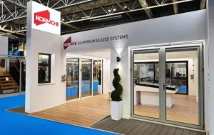 Korniche exhibition stand at London Homebuilding and Renovating Show with aluminium glazing products on display