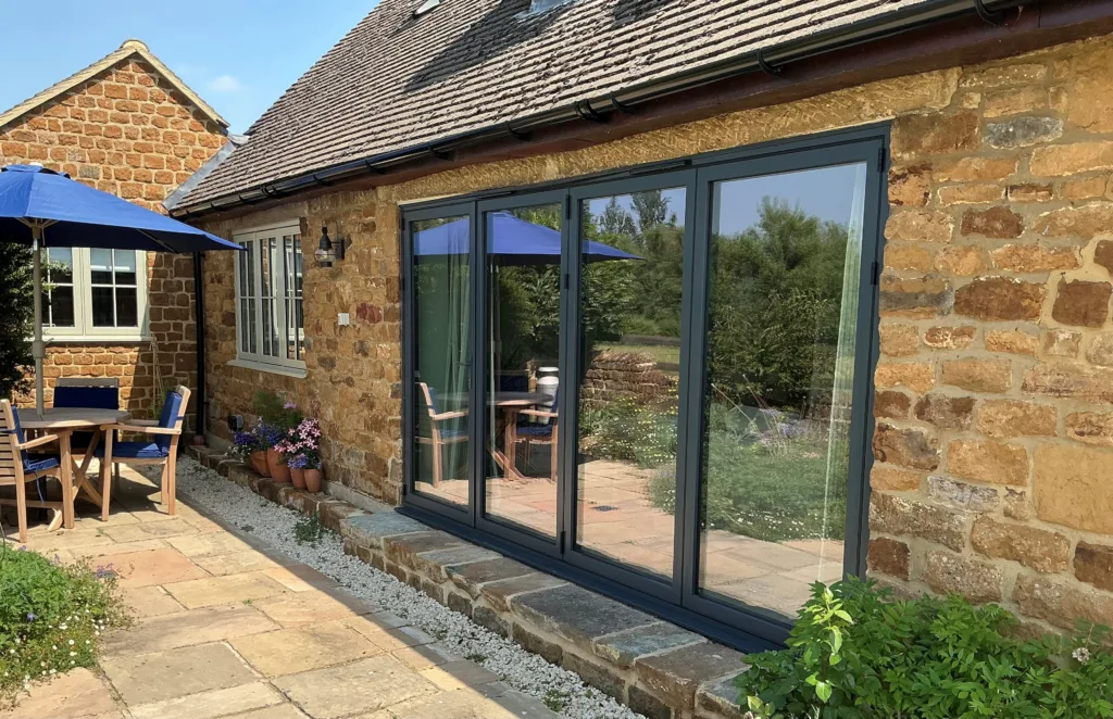 Dark grey Korniche aluminium Bifold Doors installed in a traditional stone cottage, opening onto a garden patio.